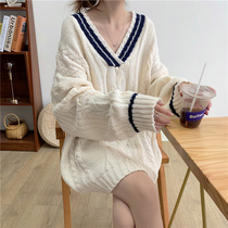 Pregnancy Woman Dress Sweater Dress Autumn Winter Dress Color Thickening V Collar College Wind Loose Retro Thickened Hemp Flower Knit Jacket