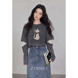 Zhangqishui 2026 Autumn New Gray Round Neck Design Long Sleeve T-Shirt for Women, Fake Two-Piece Patchwork Loose Top