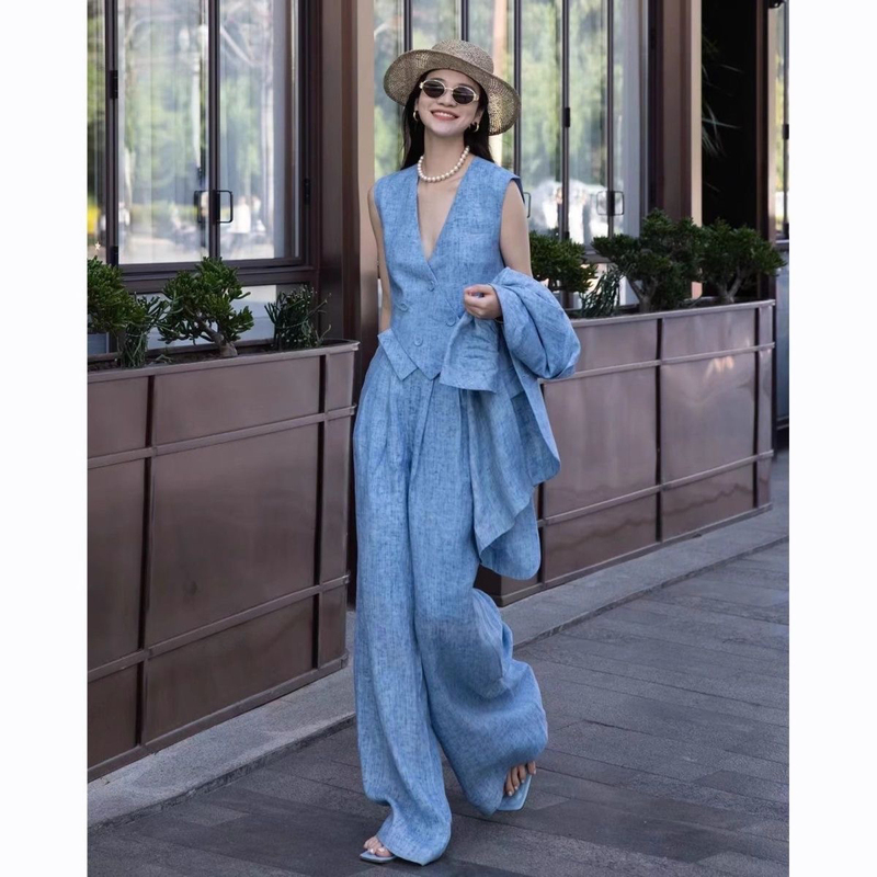 Old Money Style Fashion Suit 2025 Spring/Summer Design Blue Linen Suit Vest Wide-Leg Pants Three-Piece Set Solid Color Old Money Style Fashion Suit 2025 Spring/Summer Design Blue Linen Suit Vest Wide-Leg Pants Three-Piece Set Solid Color