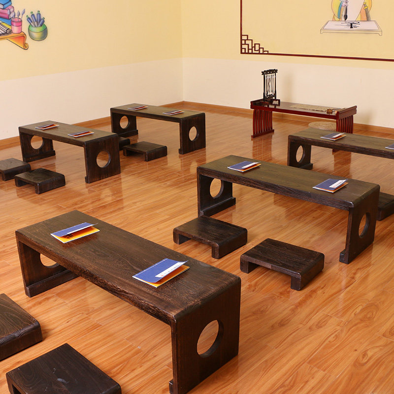 Retro solid wood sinology table calligraphy training class desks and chairs private school sinology hall classroom desks and chairs Chinese kindergarten