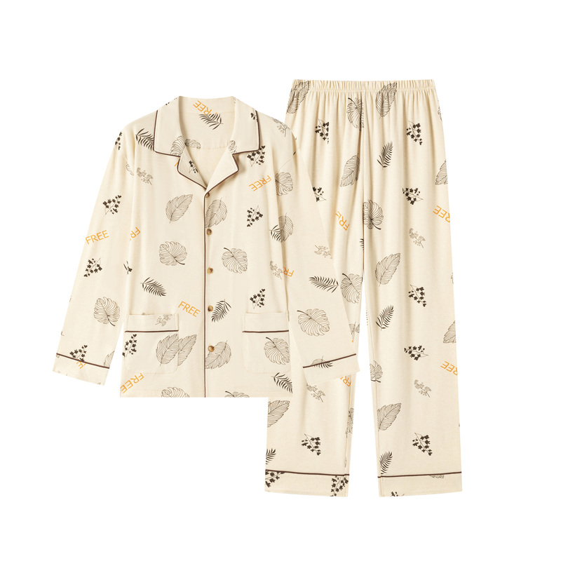 New Xinjiang Colored Cotton Men's Long-Sleeved Cardigan Loungewear, Thin Men's Pure Cotton Leaf Print Pajama Set