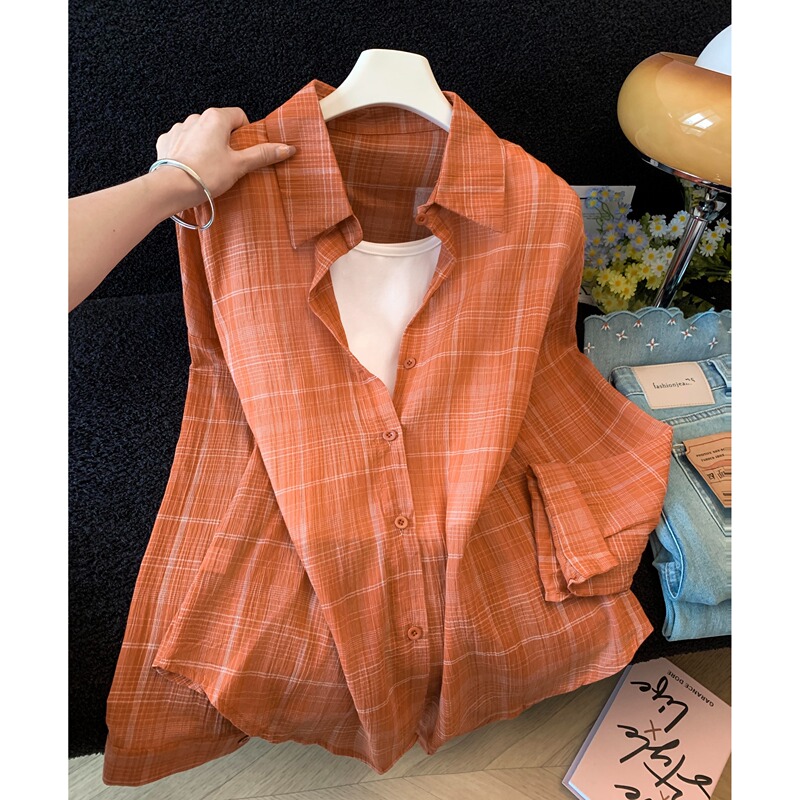 White Camisole + Plaid Lapel Long-Sleeve Sun Protection Shirt Women's Layered Two-Piece Top 2026 New Summer Style White Camisole + Plaid Lapel Long-Sleeve Sun Protection Shirt Women's Layered Two-Piece Top 2026 New Summer Style