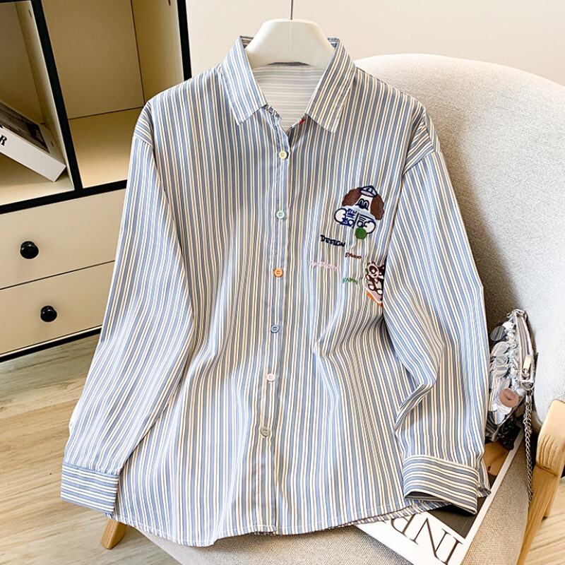 Heavy-Duty Cartoon Embroidered Striped Lapel Shirt for Women, Early Autumn 2025 New Style, Loose-Fitting Outerwear Shirt Jacket Top Heavy-Duty Cartoon Embroidered Striped Lapel Shirt for Women, Early Autumn 2025 New Style, Loose-Fitting Outerwear Shirt Jacket Top