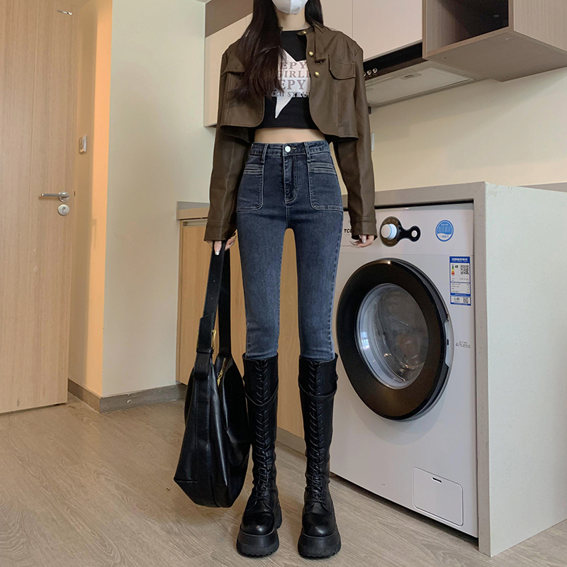 Blue grey small-footed jeans woman 2023 fall small tall waist display slim fit and slim fit pencil pants-Taobao