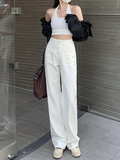 Cremefarbene, hoch taillierte, schmale Jeans mit weitem Bein für Damen im Herbst 2025, neue schmale, drapierte, bodenlange Hose mit geradem Bein