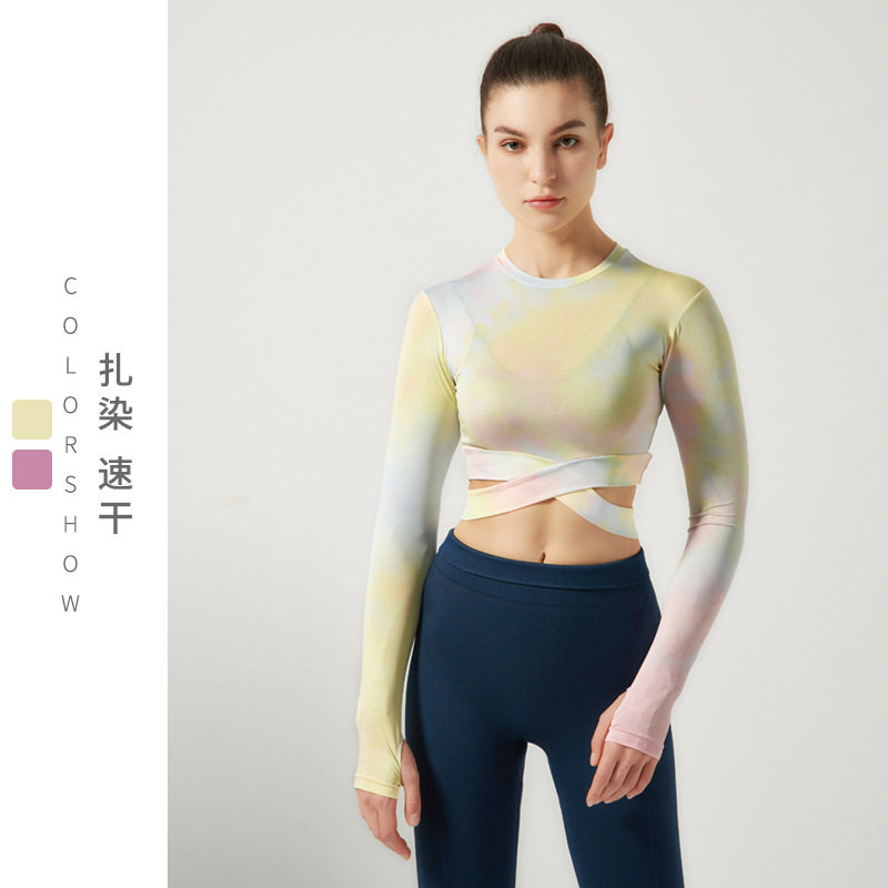 Yellow yoga clothes blouses women's slim hood Jersey Dyeing Speed Dry Sports T-shirt Running Fitness Room Long Sleeve Plati