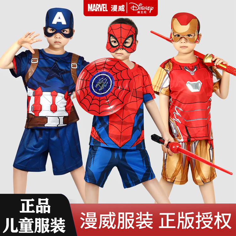 Spider-Man Short Sleeve Children's Festival Show Costume Boys Summer Suit Clothes Captain America T-Shirt Dress Up