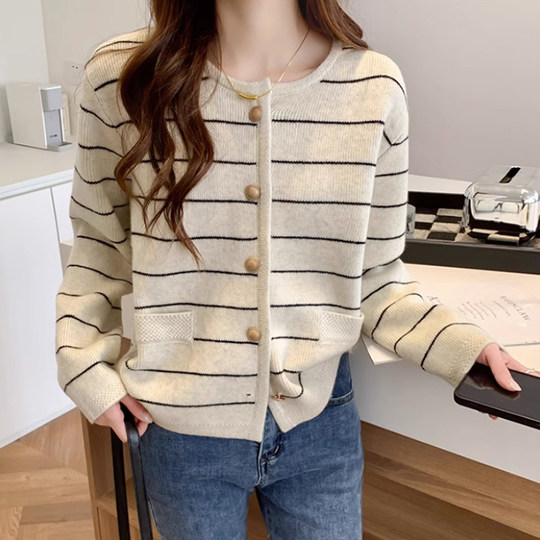 小香风100%山羊绒条纹针织开衫女25秋冬新款百搭短款加厚毛衣外套