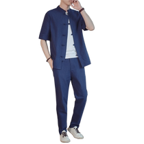 Summer Chinese style linen suit mens Hanfu retro trend brand ancient costume youth large size Tang suit short-sleeved T-shirt
