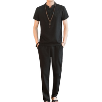 Summer Chinese style cotton and linen suit mens Hanfu retro trend brand youth large size linen Tang suit short-sleeved T-shirt
