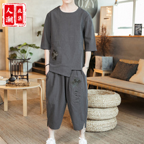 In summer the Chinese style men's clothing linen seven-sleeved suit Tang costume young men's loose ancient style embroidery Chinese costume two sets