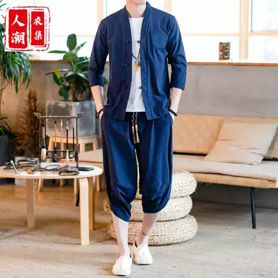 Summer Chinese style men's linen suit men's Hanfu retro style fashion brand ancient youth thin style Tang suit Road robe