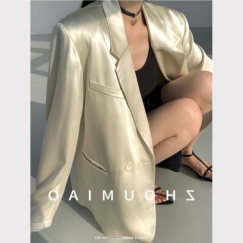 In Stock~ Delicate Glossy Satin Champagne-Colored Blazer for Women, Elegant and Versatile Suit with a Goddess-Like Silhouette