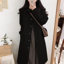 Black woolen coat womens long model 2021 autumn and winter New Hepburn style thickened temperament small hair jacket