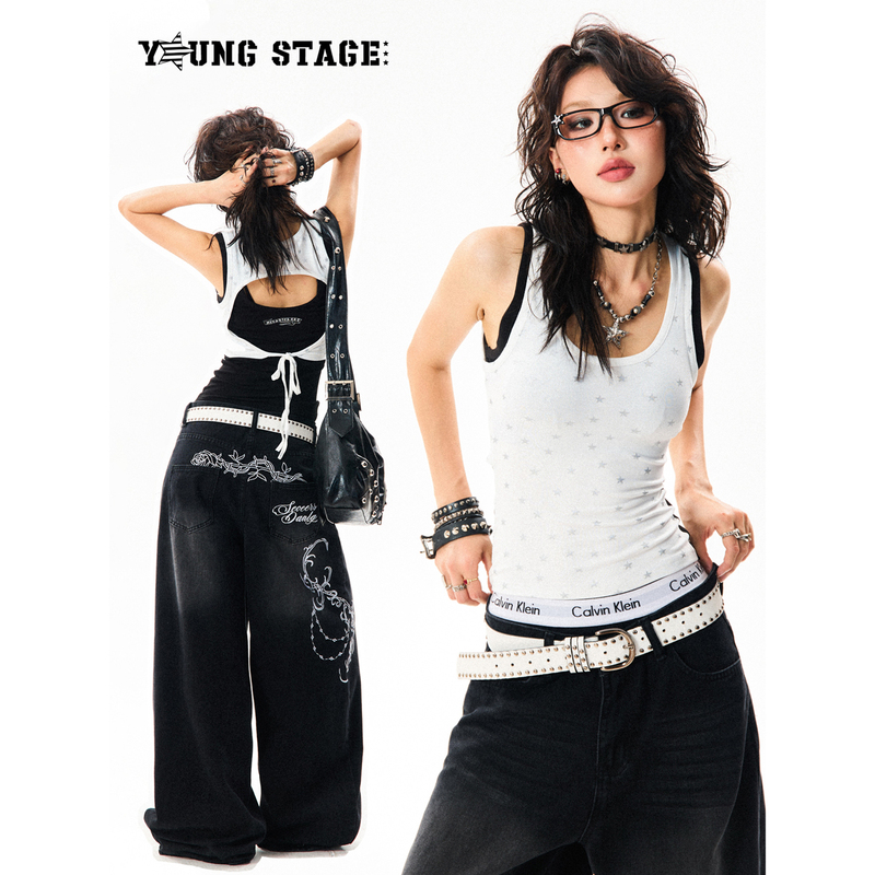 Young Stage American-Style Star-Printed Fake Two-Piece Camisole for Women, Summer Slim-Fit Short Top for Hot Girls