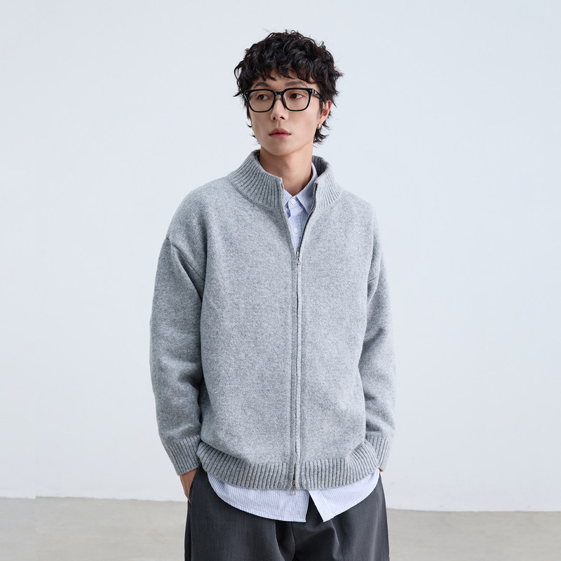 Cegffh American Retro Stand-Up Collar Double-Zip Cardigan Sweater Jacket Unisex Trendy Brand Loose Knit Top