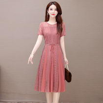 Lingwan dress summer 2021 New chiffon print lace short sleeve size womens middle-aged mother dress