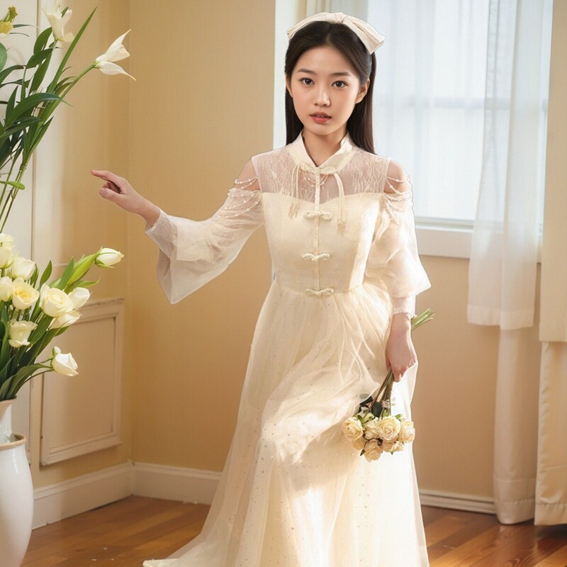 Art Exam Evening Dress for Girls, Birthday Party, Niche Light Luxury, High-End, Can Be Worn Casually, New Chinese Style Long-Sleeved Wedding Dress Art Exam Evening Dress for Girls, Birthday Party, Niche Light Luxury, High-End, Can Be Worn Casually, New Chinese Style Long-Sleeved Wedding Dress