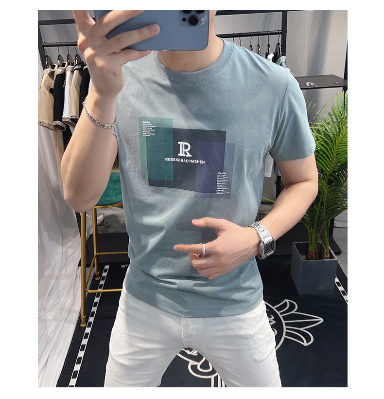 欧洲站短袖男潮牌夏季新款时尚简约印花T恤欧货青年纯棉修身衣服详情3