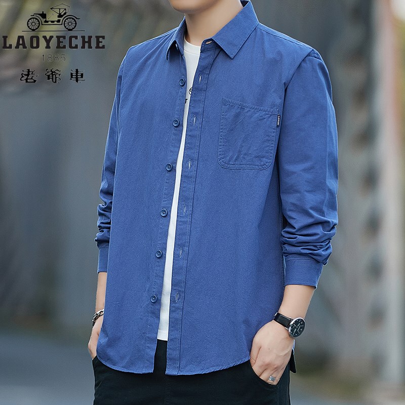 Vintage Car Spring and Autumn Pure Cotton Long-Sleeve Shirt Men's Casual Trendy Workwear Denim Shirt Youth Jacket Men's Clothing