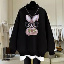 Semi-high neckline woman plus velvet thickened 2023 new spring and autumn winter cartoon rabbit fake two pieces in the middle of the red card