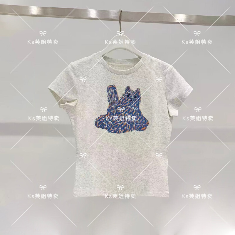 Mm Mall Same Style 2026 Summer New Short-Sleeve T-Shirt for Women, Gray Cartoon Print Basic Style, Slimming Effect 1961