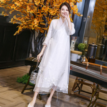 Hanfu female spring and summer fairy air new Zen clothing female Chinese retro white improved cheongsam National style dress
