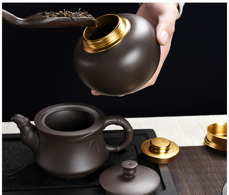 Old household undressed ore at the grid violet arenaceous chorale bamboo kung fu tea set contracted teapot teacup tureen tea of a complete set of device