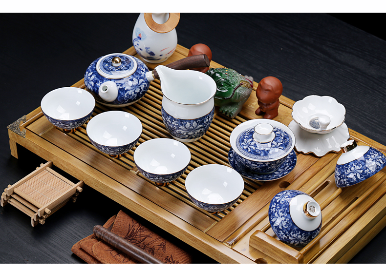 Old &, ceramic purple white porcelain kung fu tea set suits for stand solid wood tea tray was large drainage home tea table