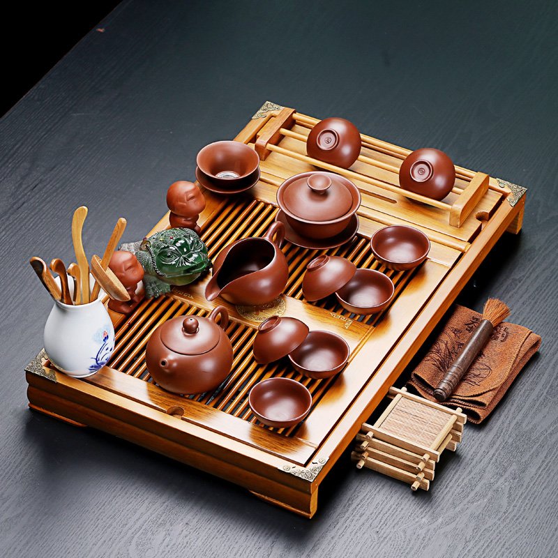 Old &, ceramic purple white porcelain kung fu tea set suits for stand solid wood tea tray was large drainage home tea table