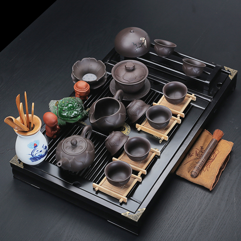 Old elder brother up at the grid violet arenaceous kung fu tea sets, black cup frame buford solid wood tea tray household white porcelain your up the teapot