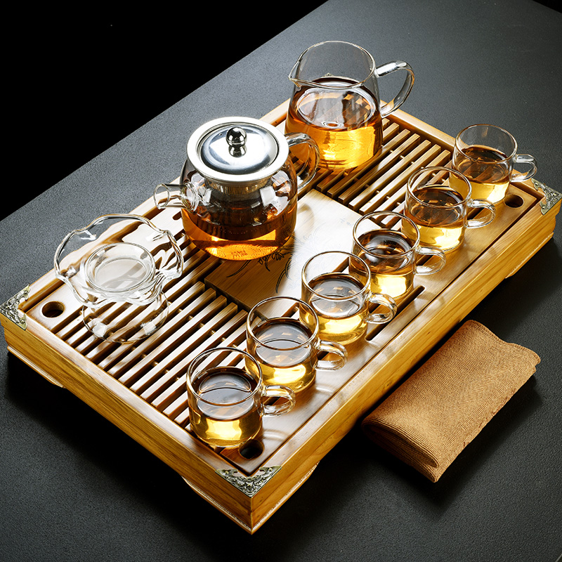 Old kung fu tea set at the grid suit household contracted and I high - temperature thickening glass teapot teacup tea tray type