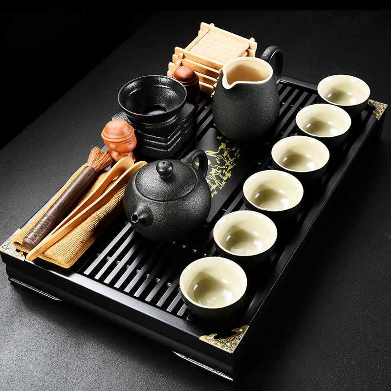 & old, black pottery xi shi teapot teacup ceramic tea set household kung fu real MuZhu tureen tea tray package