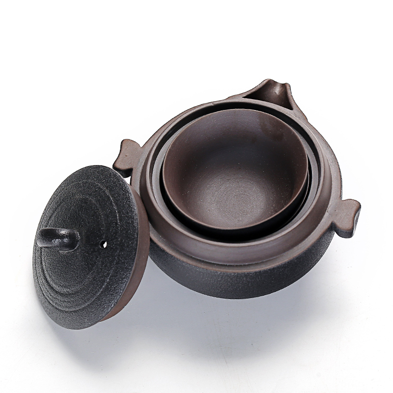 Old &, coarse pottery portable travel to crack a pot of three black pottery office kung fu tea teapot teacup