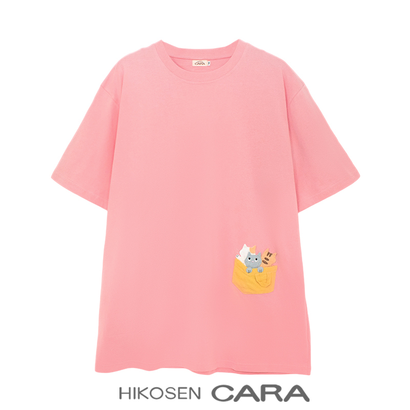 Hikosen Cara Kala Cat Summer Pocket Kitty Short Sleeve Cotton T-Shirt Women's Round Neck Japanese Style Casual Top