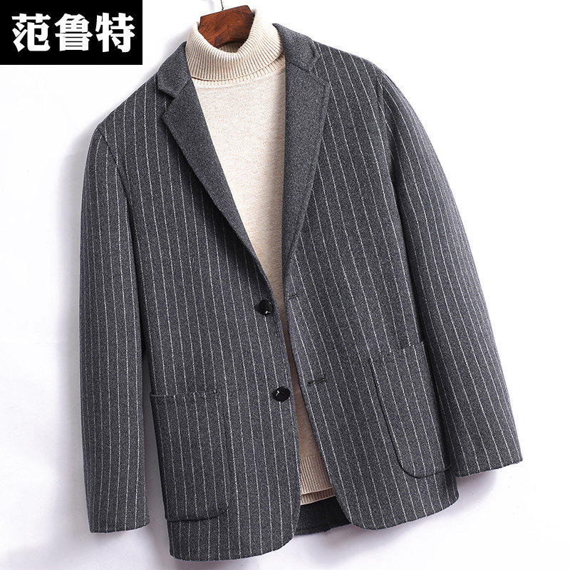 Double face, big coat for men cashless autumn winter thickened Nicson wool, small suit striped jacket