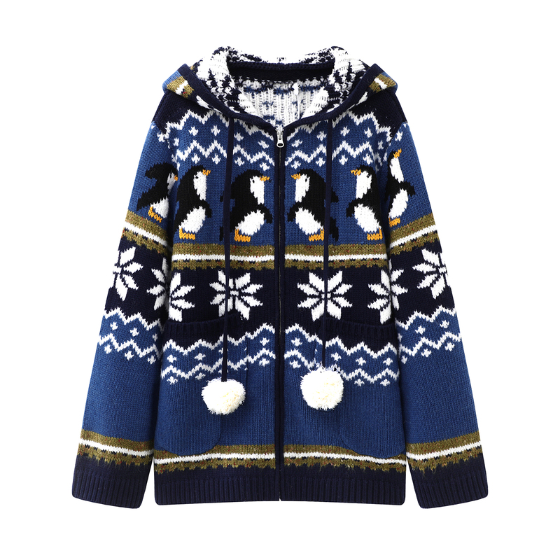 Autumn and Winter New Casual Penguin Snowflake Jacquard Hooded Sweater Jacket 2025 Knitted Top for Women