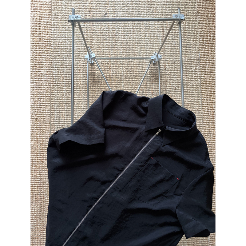 Carl Wang Japanese Imported Triacetate Dry Silk Texture Lapel Zipper Short-Sleeve Shirt Ex Zipper