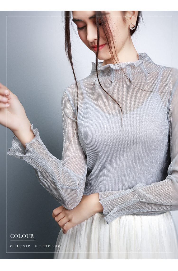 Mùa xuân 2018 và mùa thu mới sáng lưới sợi chạm đáy áo sơ mi nữ phối cảnh dài tay bên trong áo voan ren hàng đầu áo trắng đẹp
