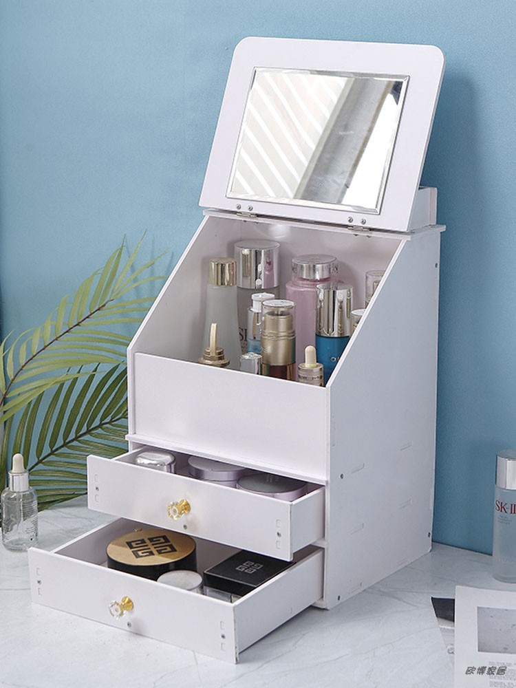 Dustproof desktop cosmetics storage box with mirror makeup table Skin care products storage box Drawer shelf Net red