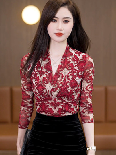 Spring new fashionable temperament printed bottoming shirt mesh top long-sleeved T-shirt women's belly-covering slimming top