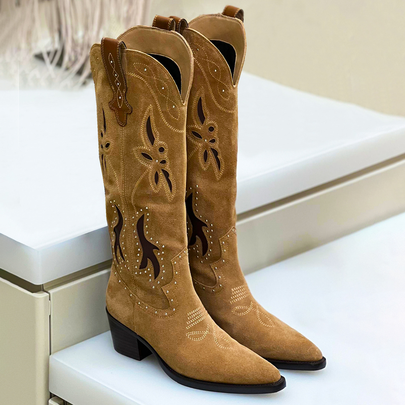2026 European and American New Style Brown Embroidered Height-Increasing Large Size Fashion Boots Retro Pointed Toe High-Top Knee-High Western Cowboy Boots