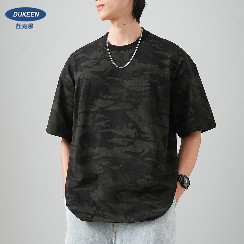 320g Heavy Camouflage Men's T-Shirt Short Sleeve Summer 2024 New American High Street Round Neck Pure Cotton T-Shirt Men's Half Sleeve