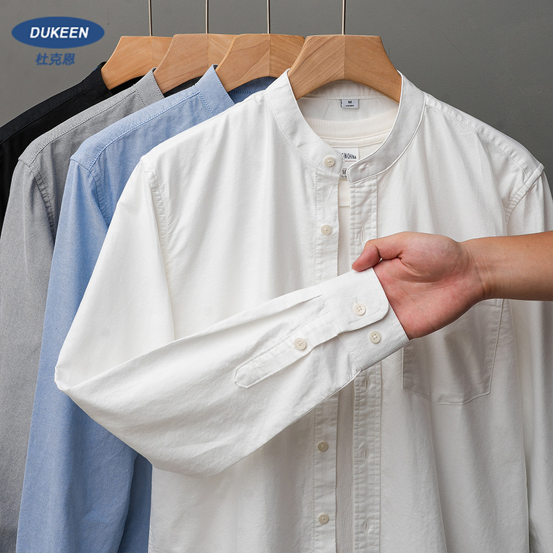 Dukeen Pure Cotton Oxford Shirt Men's Long-Sleeved Spring and Autumn White Stand-Up Collar Shirt High-End Henry Collar Jacket Men