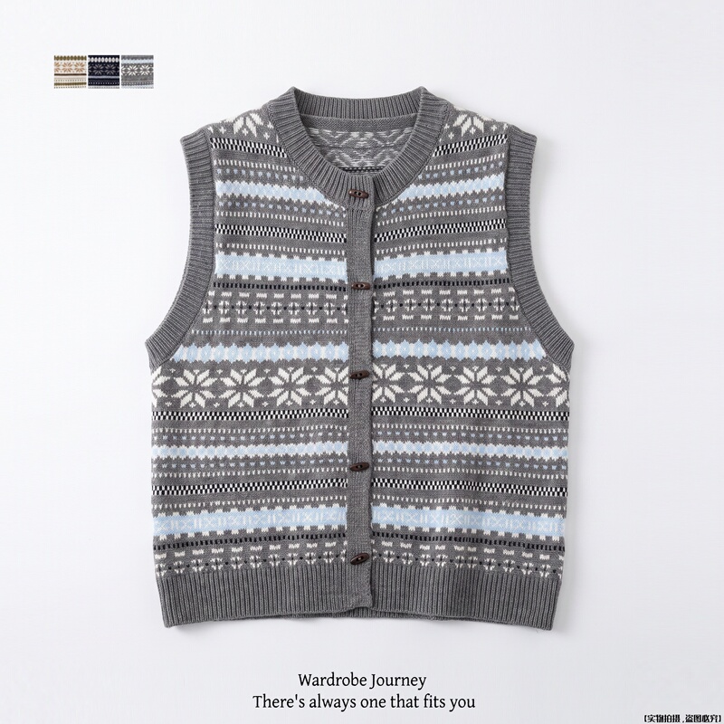 Xunyi Travel Notes Women's Fair Isle Knitted Vest Lazy Style Knitted Cardigan Sleeveless Sweater Vest New Style Xunyi Travel Notes Women's Fair Isle Knitted Vest Lazy Style Knitted Cardigan Sleeveless Sweater Vest New Style