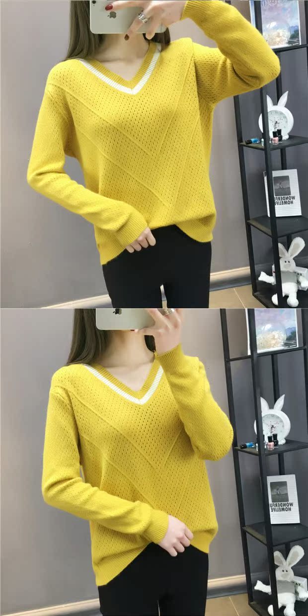 Đầu xuân 2018 phiên bản Hàn Quốc mới của áo len cổ chữ V nữ rộng ngắn mùa thu hoang dã đan áo mỏng phần đáy áo ghi lê len cho nữ