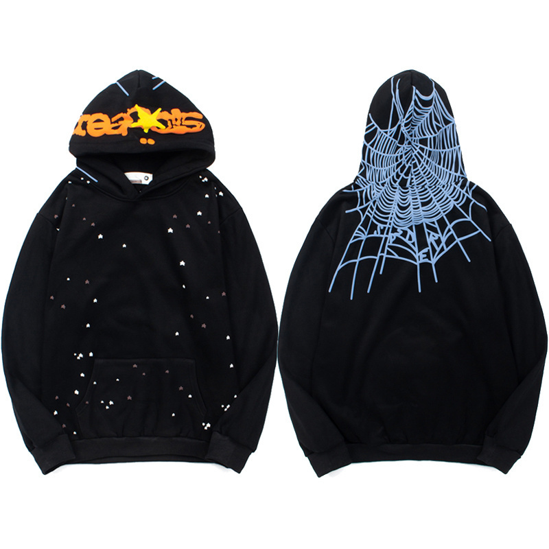 Sp5Der Hoodie American Trendy High Street Hip-Hop Sports Casual Spider Web Foam Print Fleece-Lined Hooded Sweatshirt