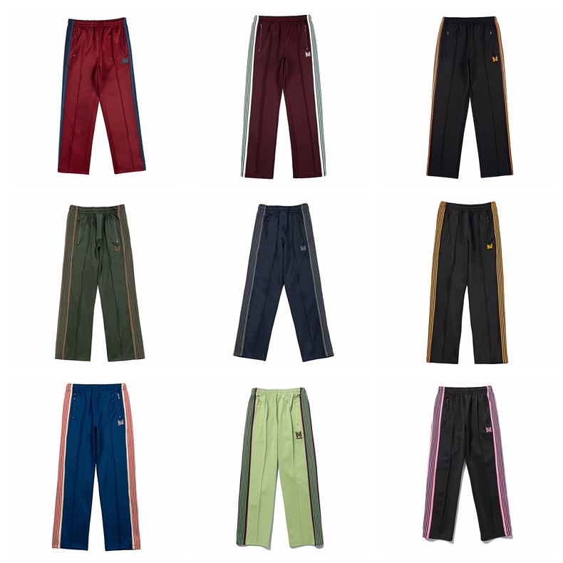 Needles Butterfly Embroidery Pants Spring and Autumn Sports Casual Side Stripe Webbing Drawstring Straight-Leg Long Pants Unisex
