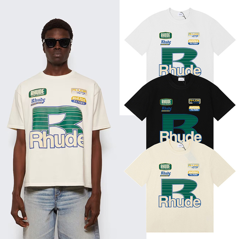 Rhude American Retro High Street Summer Casual Letter Logo Print Loose Cotton Round Neck Short-Sleeved T-Shirt for Men and Women
