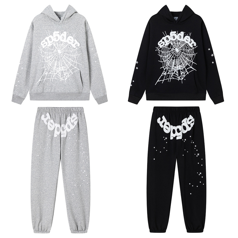 Sp5Der Trendy Street Style Autumn and Winter Sports Casual Spider Web Foam Print Loose Fleece Hooded Sweatshirt and Pants Sp5Der Trendy Street Style Autumn and Winter Sports Casual Spider Web Foam Print Loose Fleece Hooded Sweatshirt and Pants